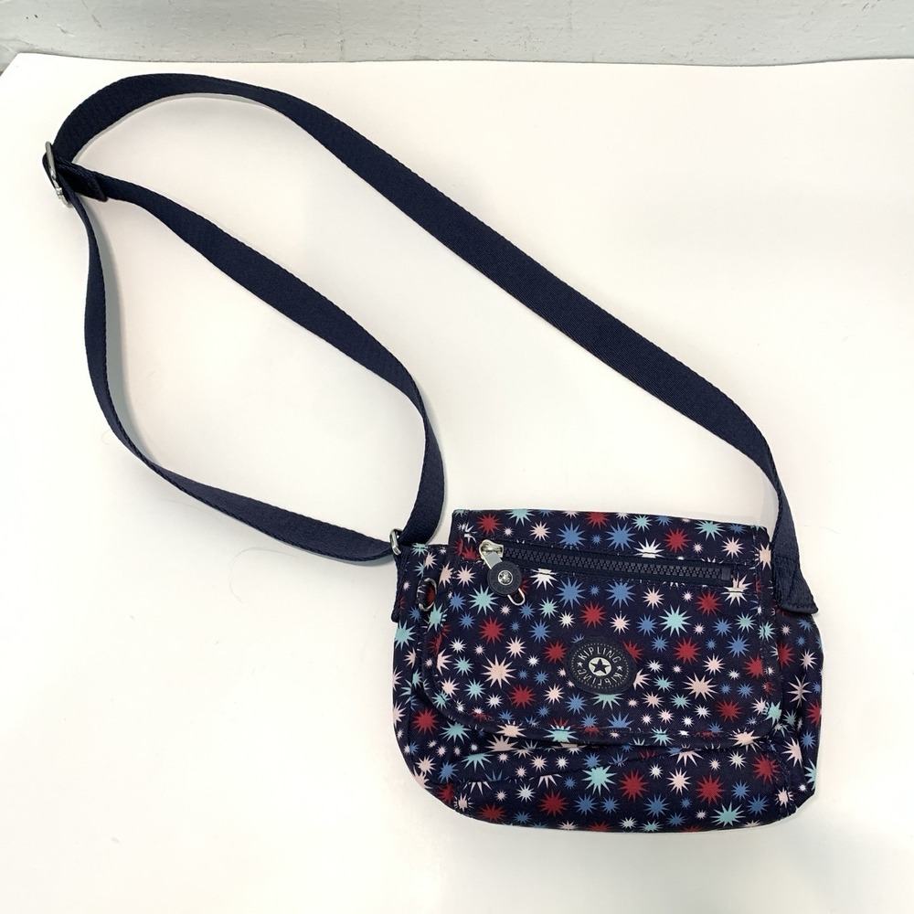 Kipling Sabian Mini Crossbody Purse Navy Blue Funky Stars Flap Pocket Zip